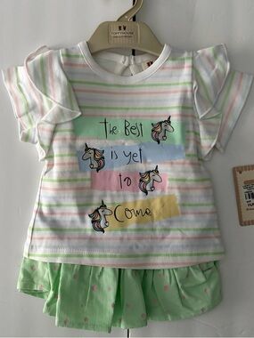 Toffy House Unicorn Stripe Ruffle Sleeve Top and Skirt Set - White/Green